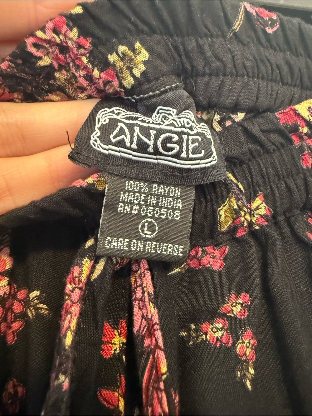Angie Black Floral Drawstring Harem Pants with Pink Accents size L - Picture 5 of 5